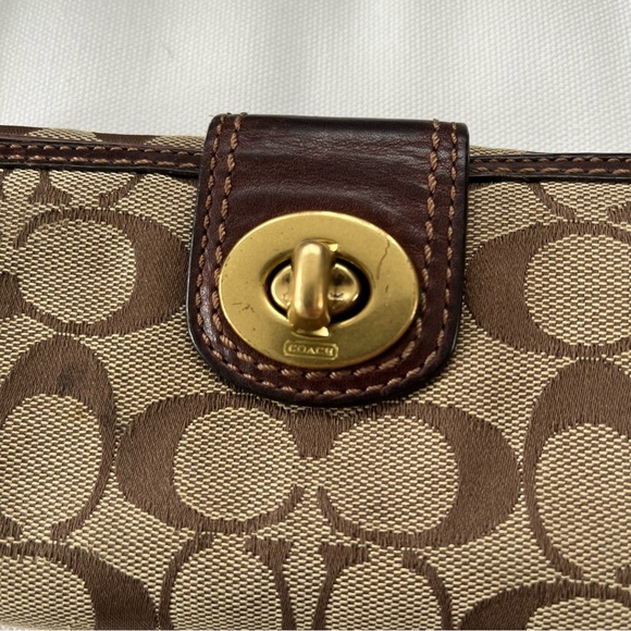 Coach Signature Print Canvas Leather Trim Brown Turnlock Long Fold Wallet - Picture 5 of 12
